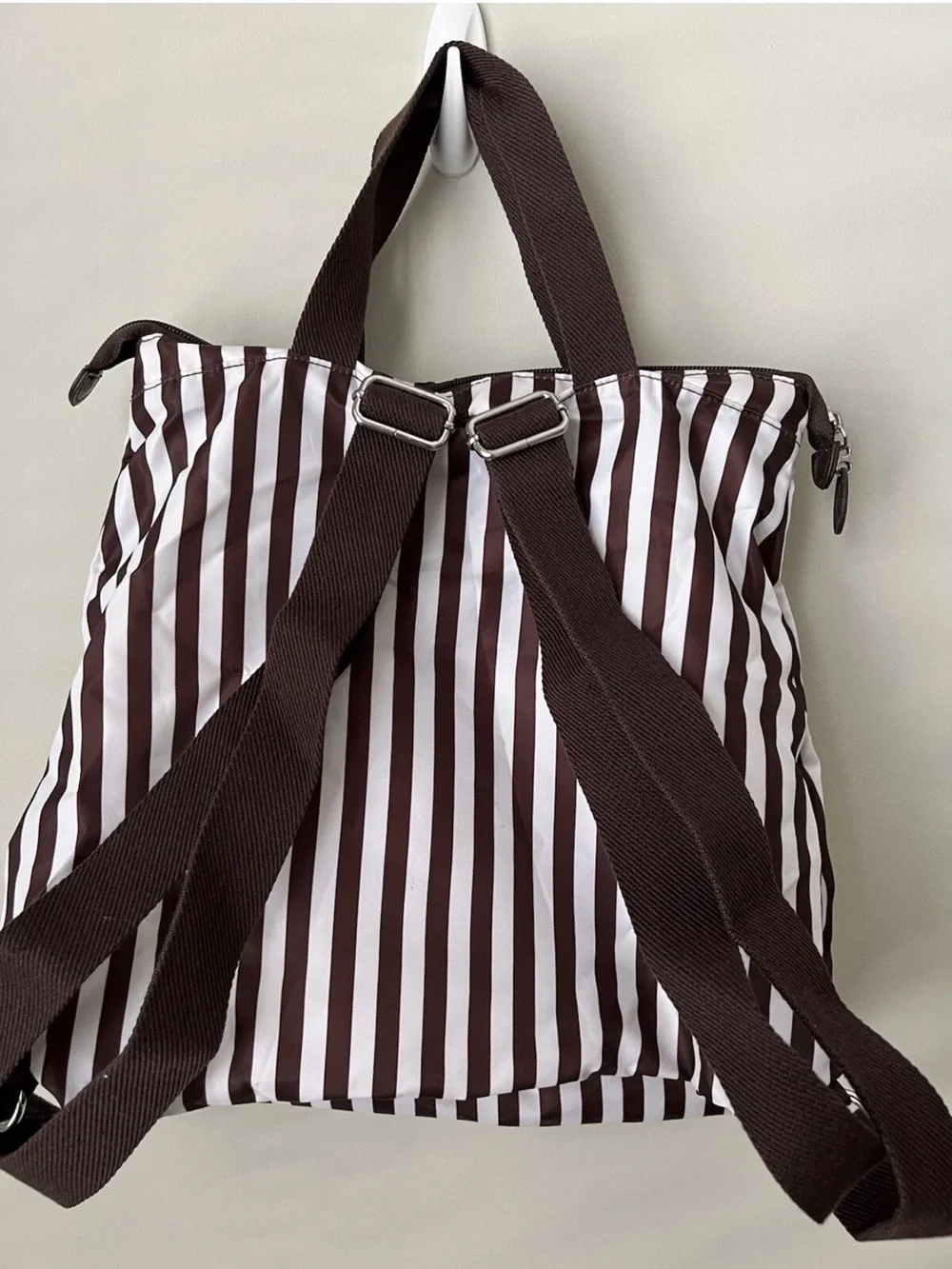 Henri Bendel Brown and White Striped packable backpack, lightweight, zip around
